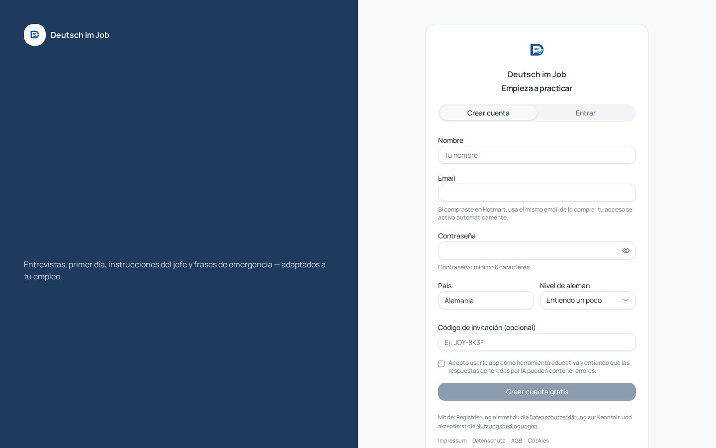 Startbildschirm der Web-Anwendung Deutsch im Job